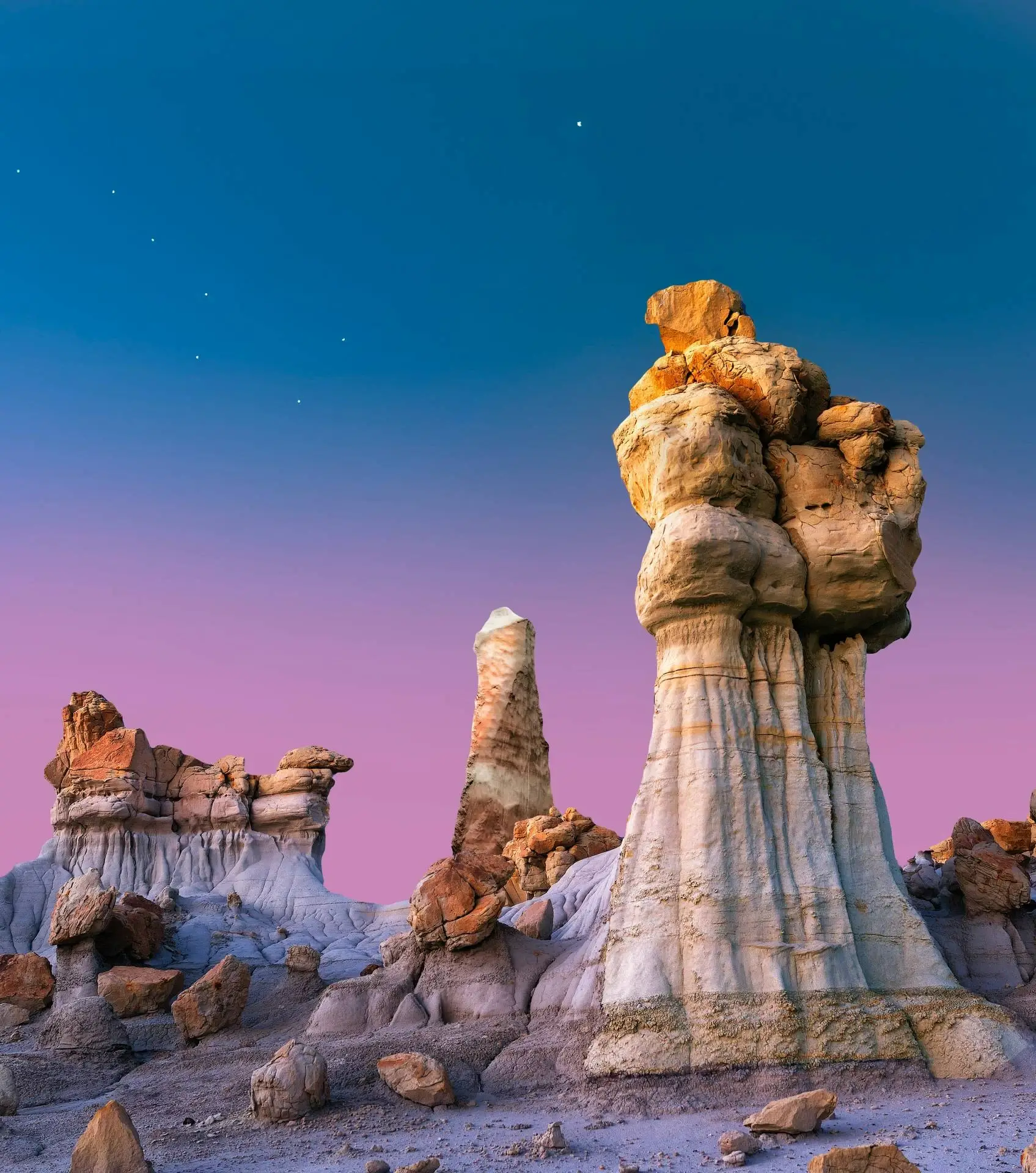 A rock formation taken at dusk in the Badlands of Northern New Mexico